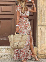 Inrosy robe longue imprimé à fleurie fendu le côté ceinture v-cou bohème plage