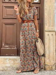 Inrosy robe longue imprimé à fleurie fendu le côté ceinture v-cou bohème plage