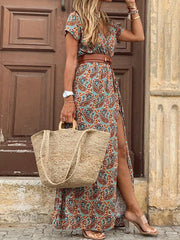 Inrosy robe longue imprimé à fleurie fendu le côté ceinture v-cou bohème plage