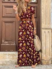 Inrosy robe longue imprimé à fleurie fendu le côté ceinture v-cou bohème plage