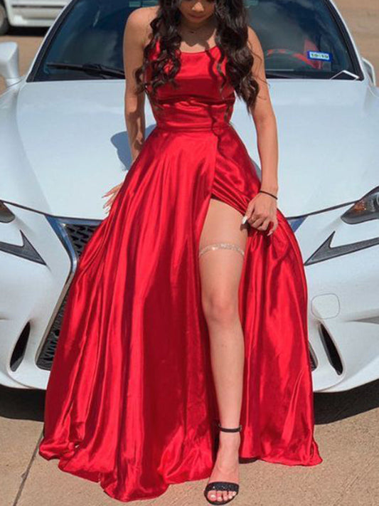 Inrosy longue robe fendu le côté dos nu col rond sans manches mode de bal rouge