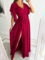 Inrosy robe longue fendu le côté à volantée fluide strappy v-cou élégant de soirée