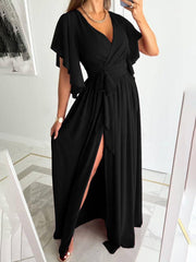Inrosy robe longue fendu le côté à volantée fluide strappy v-cou élégant de soirée