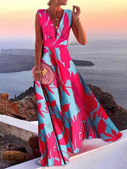 Inrosy robe longue imprimé fleurie trapèze décolleté plongeant mode décontracté rose framboise