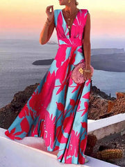 Inrosy robe longue imprimé fleurie trapèze décolleté plongeant mode décontracté rose framboise