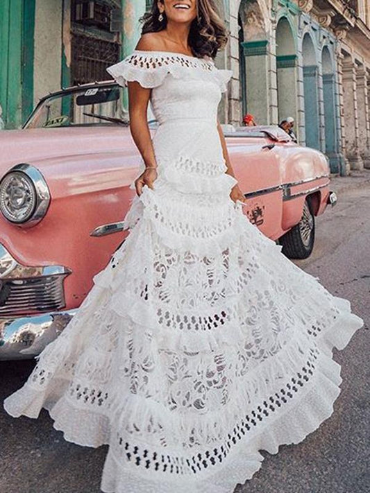 Inrosy robe longue avec dentelle volantée col bateau élégant boho de soirée pour mariage