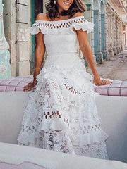 Inrosy robe longue avec dentelle volantée col bateau élégant boho de soirée pour mariage