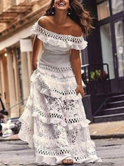 Inrosy robe longue avec dentelle volantée col bateau élégant boho de soirée pour mariage