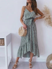 Inrosy mi-longue robe imprimé à fleurie ceinture volantée sans manches boho de plage