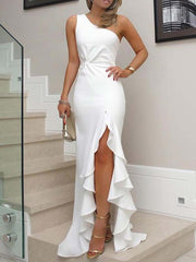 Inrosy robe longue fendu le côté volantée asymétrique épaule nue élégant