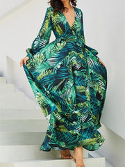 Inrosy robe longue mousseline imprimée tropicale feuille fluide manches longues mode boho