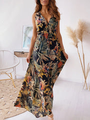 Inrosy robe longue imprimé tropicale feuille ceinture v-cou sans manches bohème plage