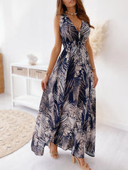 Inrosy robe longue imprimé tropicale feuille ceinture v-cou sans manches bohème plage