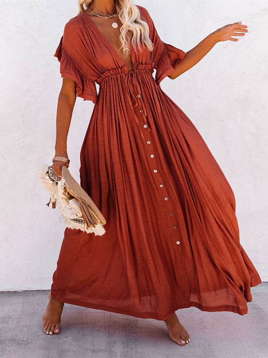 Inrosy robe longue unicolore à volantée fluide boutonnage v-cou élégant bohème