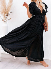 Inrosy robe longue unicolore à volantée fluide boutonnage v-cou élégant bohème