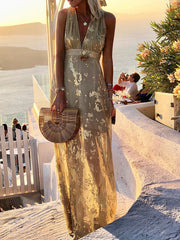 Inrosy robe longue bronzage brillante paillette v-cou sans manches élégant femme de soirée plage