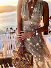 Inrosy robe longue bronzage brillante paillette v-cou sans manches élégant femme de soirée plage