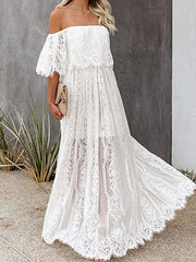 Inrosy robe longue en dentelle à volantée col bateau sans manches casual femme bohème de plage