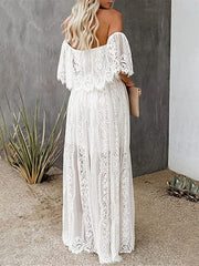 Inrosy robe longue en dentelle à volantée col bateau sans manches casual femme bohème de plage