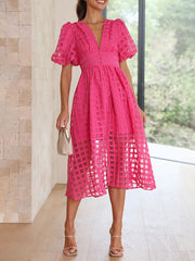 Inrosy mi-longue robe trapèze carreaux fendu fluide boutonnage v-cou manches courtes élégant femme décontracté