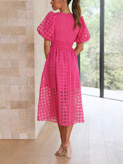 Inrosy mi-longue robe trapèze carreaux fendu fluide boutonnage v-cou manches courtes élégant femme décontracté