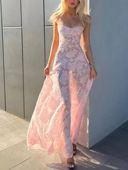 Inrosy robe longue fleurie dentelle fluide bustier à fines brides col bateau sans manches femme bal de promo