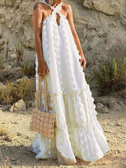 Inrosy robe longue découpes trapèze fleurie cross à volantée appliques licou sans manches mode de soirée plage