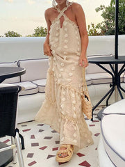 Inrosy robe longue découpes trapèze fleurie cross à volantée appliques licou sans manches mode de soirée plage