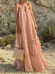 Inrosy robe longue découpes trapèze fleurie cross à volantée appliques licou sans manches mode de soirée plage