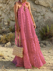 Inrosy robe longue découpes trapèze fleurie cross à volantée appliques licou sans manches mode de soirée plage