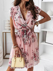 Inrosy mi-longue robe fleurie plissé ceinture v-cou chic boho de plage