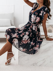 Inrosy mi-longue robe fleurie plissé ceinture v-cou chic boho de plage