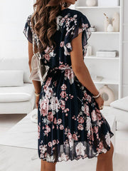 Inrosy mi-longue robe fleurie plissé ceinture v-cou chic boho de plage