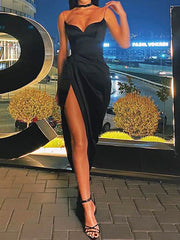 Inrosy mi-longue robe à fines brides en satin fendu le côté élégant de prom