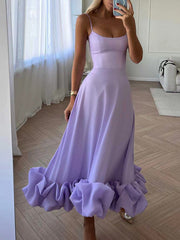 Inrosy mi-longue robe trapèze à volantée bustier à fines brides sans manches doux élégant de cocktail