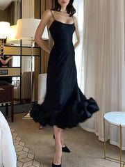 Inrosy mi-longue robe trapèze à volantée bustier à fines brides sans manches doux élégant de cocktail