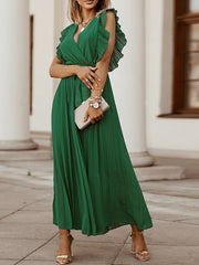 Inrosy mi-longue robe mousseline à volantée plissé ceinture v-cou sans manches bohème femme casual