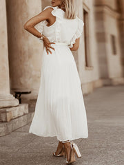 Inrosy mi-longue robe mousseline à volantée plissé ceinture v-cou sans manches bohème femme casual