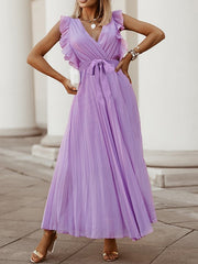 Inrosy mi-longue robe mousseline à volantée plissé ceinture v-cou sans manches bohème femme casual