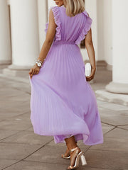 Inrosy mi-longue robe mousseline à volantée plissé ceinture v-cou sans manches bohème femme casual