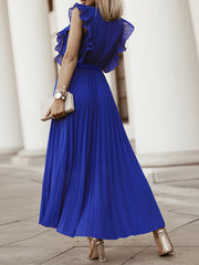 Inrosy mi-longue robe mousseline à volantée plissé ceinture v-cou sans manches bohème femme casual