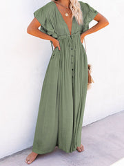 Inrosy robe longue à volantée fluide boutonnage coulisse taille v-cou casual