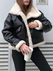 Inrosy court veste aviateur simili cuir peau de mouton boutonnage poches femme décontracté bombardier