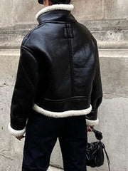 Inrosy court veste aviateur simili cuir peau de mouton boutonnage poches femme décontracté bombardier