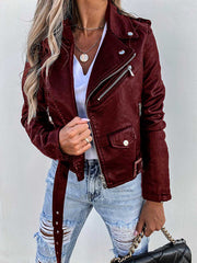 Inrosy court perfecto femme simili cuir fermeture éclair avec poches ceinture col revers veste motard