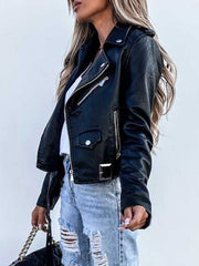 Inrosy court perfecto femme simili cuir fermeture éclair avec poches ceinture col revers veste motard