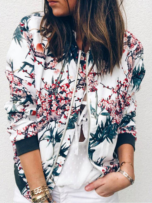 Inrosy bombers imprimé à fleurie fermeture éclair manches longues femme décontracté veste