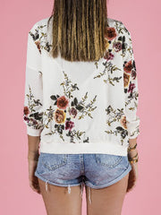 Inrosy bombers imprimé à fleurie fermeture éclair femme jacket décontracté blanc