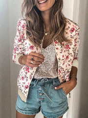 Inrosy court bombers imprimé à fleurie fermeture éclair manches longues femme veste rose