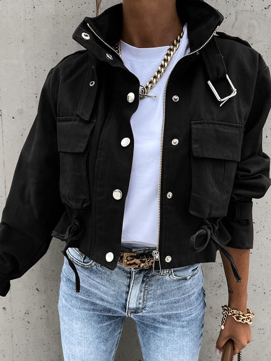 Inrosy court veste unicolore poches ceinture col revers manches longues femme style boyfriend mode